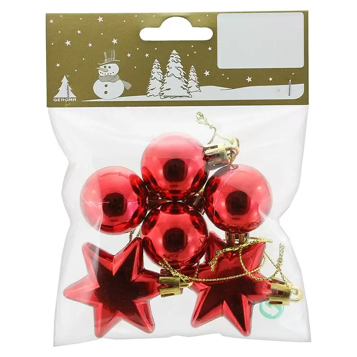 Dekoartikel - Rot, Kunststoff, 6 Stk. - Packung glänzender roter Weihnachtskugeln und Sterne in einer durchsichtigen Plastiktüte mit festlicher goldener Aufhängekarte.