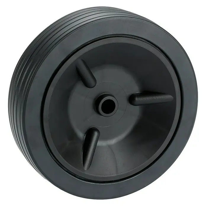 Dörner & Helmer Leichtes Rad - Durchmesser: 150 mm, Traglast: 30 kg, Gleitlager, Rillenprofil - Nahaufnahme eines schwarzen Rades mit gerippter Gummioberfläche und dreispeichigem Mittelteil, ideal für Wagen oder Garten Geräte.