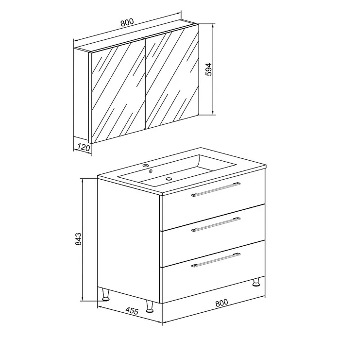 VCM Badinos Badmöbel-Set SPS - 80 cm, Weiß, Farbe Waschbecken: Weiß - Bild eines Badezimmerschranks mit Waschbecken und Spiegel, der die Abmessungen des Produkts mit allen Details zeigt.