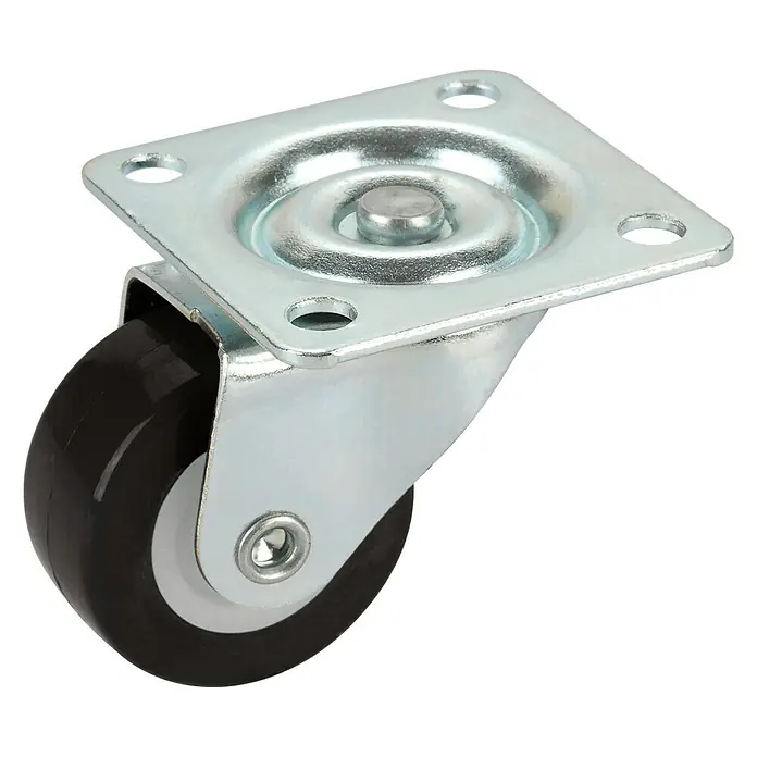 Dörner & Helmer Möbel-Lenkrolle - Durchmesser Rollen: 30 mm, Traglast: 20 kg, Gleitlager, Mit Platte, Farbe Rad: Schwarz - Nahaufnahme eines Lenkrolle mit fester Platte, ideal für Möbel oder industrielle Anwendungen. Die Rolle ist schwarz mit grauer Felge.