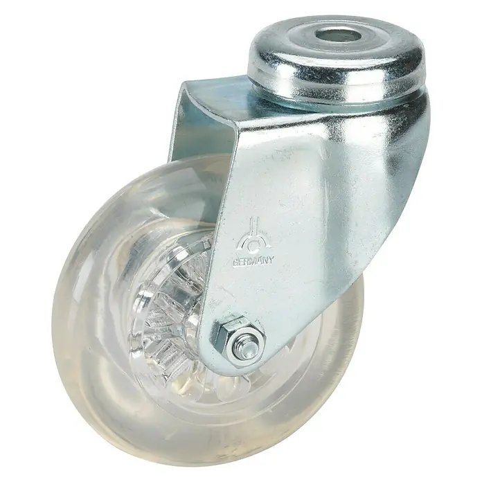 Dörner & Helmer Design-Lenkrolle - Durchmesser Rollen: 75 mm, Traglast: 50 kg, Gleitlager, Mit Rückenloch - Ein Schwenkrollenprodukt, das sich durch eine transparente Rolle und ein robustes Metallgehäuse für vielseitige Anwendungen auszeichnet.