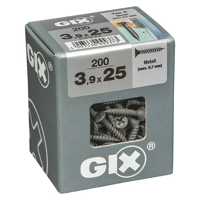 Spax Trockenbauschraube GIX A - Durchmesser: 3,9 mm, Länge: 25 mm, Trompetenkopf, 200 Stk. - Eine graue Schachtel GIX-Schrauben, 200 Stück, Größe 3,9 x 25 mm, geeignet für Metall bis max. 0,7 mm Dicke.