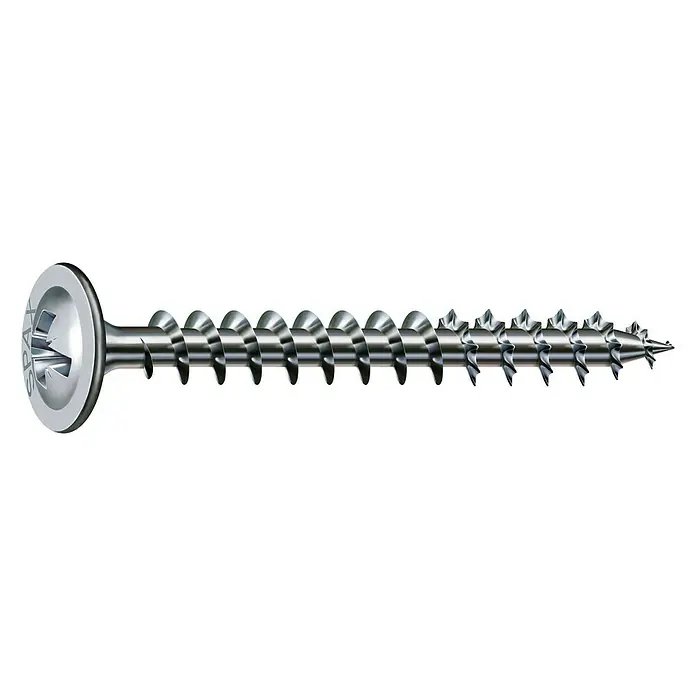 Spax T-Star plus Rückwandschraube - Ø x L: 3 x 20 mm, Verzinkt, 100 Stk., Vollgewinde - Nahaufnahme einer SPAX-Holzschraube mit Senkkopf, ideal für Holzverbindungen, mit gut sichtbarem Gewinde und Kreuzschlitz.