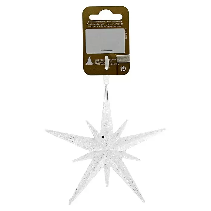 Weihnachtskugeln Stern - Durchmesser: 11 cm, Weiß - Glitzernder weißer Stern-Weihnachtsschmuck mit Produktetikett.
