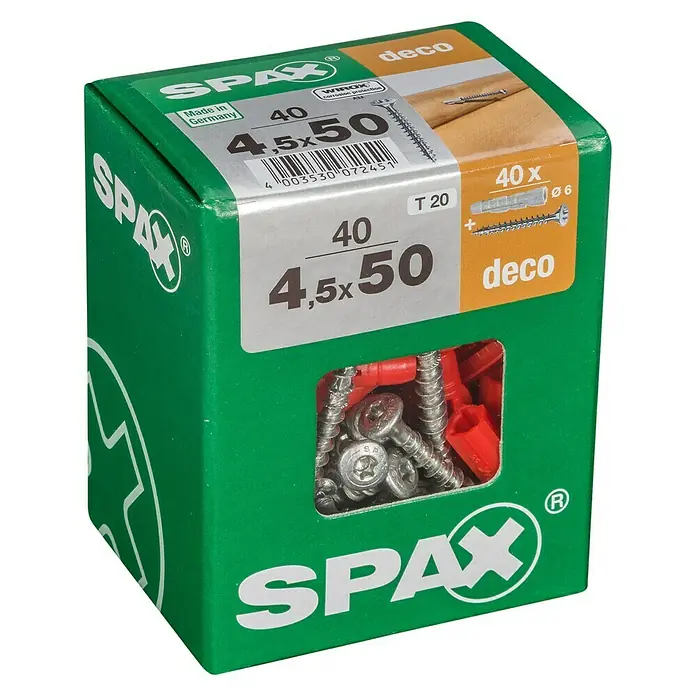 Spax Linsenkopfschraube T-STAR plusØ x L: 4,5 x 50 mm, Vermessingt, 80 Stk., Vollgewinde - Eine grüne Packung SPAX Universalschrauben 4,5x50 mit Dübeln, ideal für Befestigungen im Innenbereich.