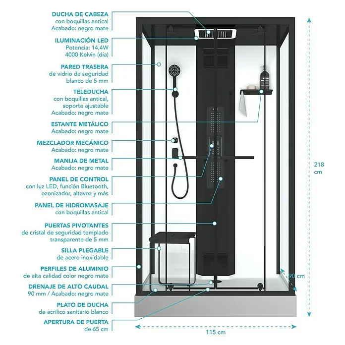 Aurlane Cabina de ducha de vapor Relax Hammam - 90 x 115 x 215 cm, Negro - Imagen de una cabina de ducha negra con iluminación LED, panel de hidromasaje y asiento plegable. Incluye especificaciones de dimensiones.