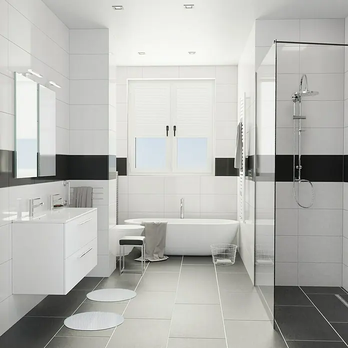 Camargue Espacio Badmöbel-Set K1 - 120 cm, Mira - Modernes Badezimmerdesign mit weißen und schwarzen Fliesen, Badewanne und Waschtisch. Stilvolle und zeitgemäße Badezimmerausstattung.