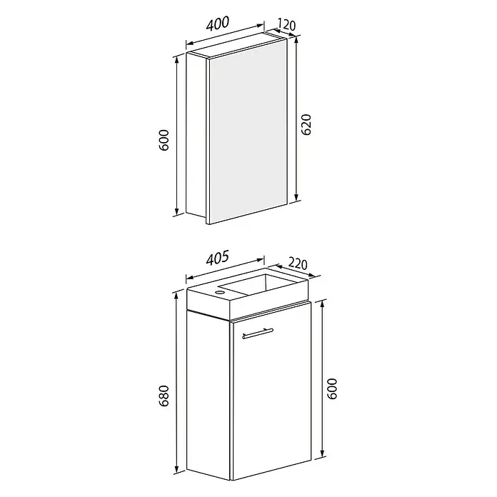 VCM Badmöbel-Set SPS - Gesamtbreite Badmöbel: 41 cm, Weiß, Glänzend, 3 -tlg. - Produktabbildung eines Waschtischunterschranks mit Aufsatzwaschbecken und eines separaten Hängeschranks mit Maßangaben in Millimetern.