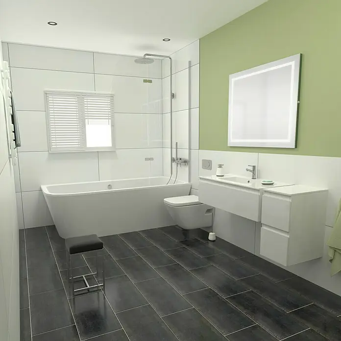 Camargue Espacio Badmöbel-Set L3 - 130 cm, Gama weiß glänzend - Ein modernes Badezimmer mit weißen Fliesen, einem Waschtisch mit Spiegel und einer Badewanne mit Duschabtrennung.