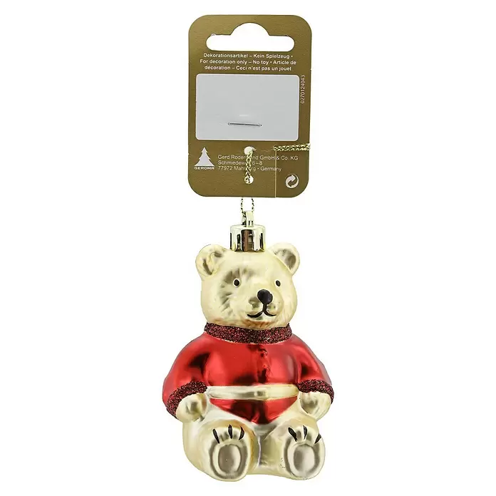 Christbaumschmuck Bär - L x B: 8,5 x 6 cm, Gold, Kunststoff - Goldener Teddybär-Weihnachtsanhänger mit rotem Oberteil und Glitzerbesatz.