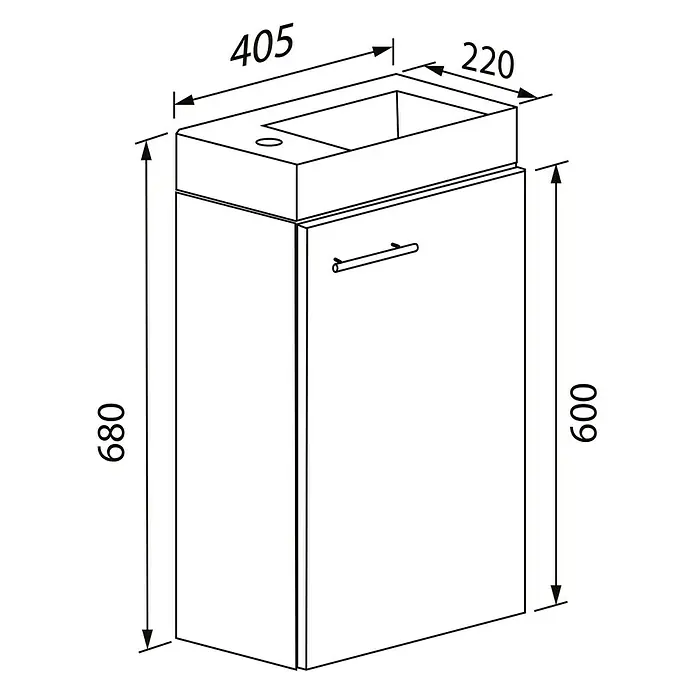 VCM Badmöbel-Set Slito - Gesamtbreite Badmöbel: 40,5 cm, Weiß, Glänzend, 2 -tlg. - Produktansicht des Waschtischunterschranks mit den Maßen 405 x 220 x 680 mm und einer Höhe von 600 mm.