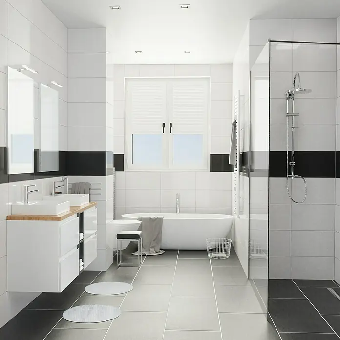 Camargue Espacio Badmöbel-Set M13 - 140 cm, Gama weiß glänzend - Ein modernes Badezimmer mit weißen Fliesen, einer freistehenden Badewanne und stilvollen Armaturen für einen luxuriösen Look.