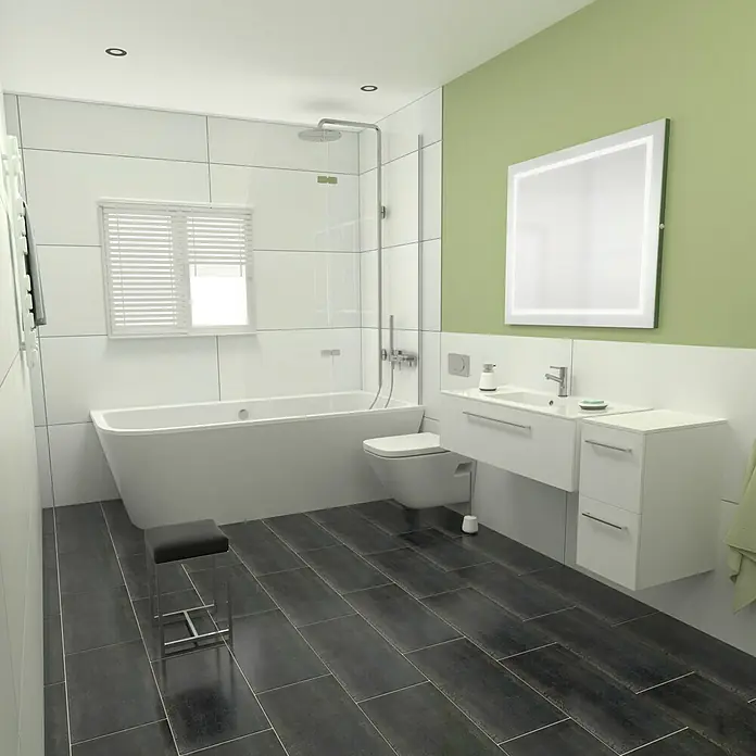 Camargue Espacio Badmöbel-Set L1 - 130 cm, Mira - Helles Badezimmer mit Badewanne, Toilette, Waschbecken und Spiegel, minimalistisch und modern gestaltet.