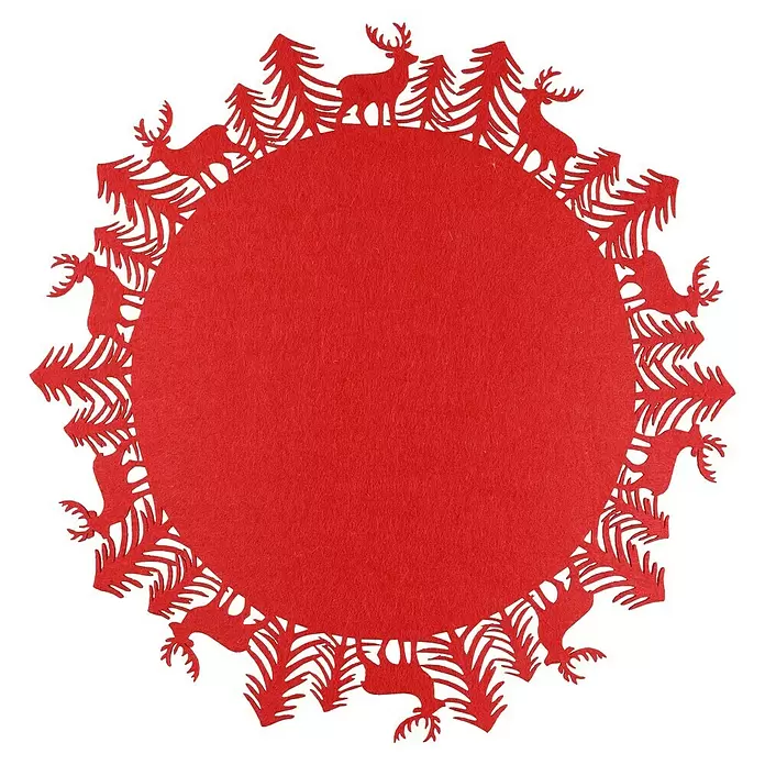 Untersetzer Jelen - 35 cm, Rot - Rote Filz-Rundmatte mit Rentier- und Tannenbaum-Ausschnitt.
