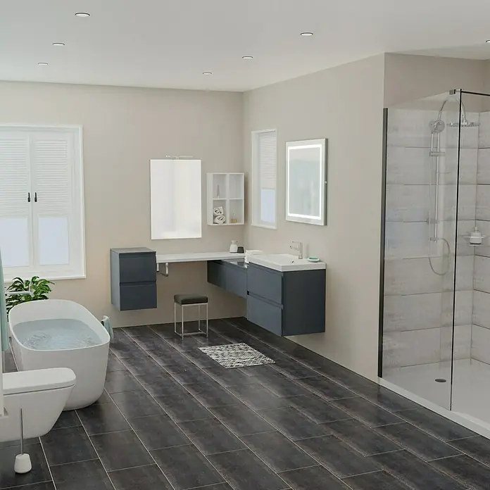 Camargue Espacio Badmöbel-Set X25 - 160 x 200 cm, Gama anthrazit glänzend - Badezimmer Interieur mit Dusche, Waschbecken, Spiegel und Badewanne in einem stilvollen und modernen Design.