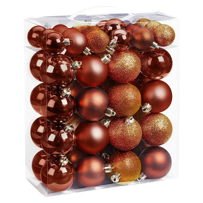 Weihnachtskugeln - Roasted Almond, Kunststoff, Durchmesser: 4 cm - 6 cm, 50 Stk. - Karton mit glänzenden und glitzernden Christbaumkugeln in warmen Kupfertönen für eine festliche Dekoration.