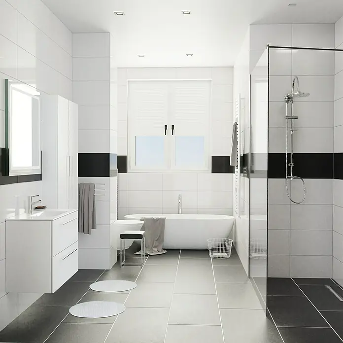Camargue Espacio Badmöbel-Set O1 - 160 cm, Mira - Badezimmer-Interieur in Weiß und Schwarz mit Badewanne, Dusche und Waschbecken. Stilvolles Design für moderne Bäder mit klaren Linien.
