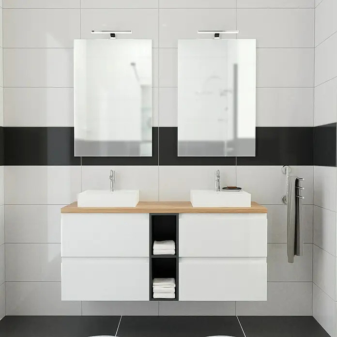 Camargue Espacio Waschtischplatte - 140 x 46 x 3,2 cm, Doce - Modernes Badezimmer mit Doppelwaschbeckenunterschrank in Weiß und Holzoptik, dazu passende Spiegel und Handtuchhalter.