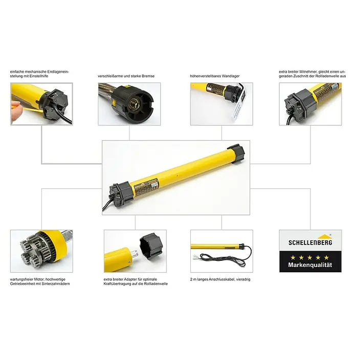 Schellenberg Motor tubular Maxi Standard - Superficie de persiana enrollable máx.: 6,2 m² para persianas de plástico, Longitud de instalación: 500 mm, Fuerza de tracción: 25 kg - Vistas detalladas del motor de persiana Schellenberg.
