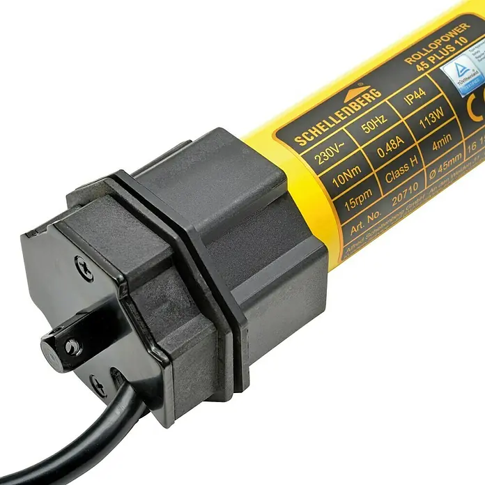 Schellenberg Motor tubular Maxi Plus - Superficie de persiana enrollable máx.: 4,2 m² para persianas de plástico, Longitud de instalación: 555 mm, Fuerza de tracción: 20 kg - Primer plano de un motor de persiana enrollable Schellenberg RolloPower 45 Plus 10, con especificaciones técnicas visibles en la carcasa amarilla.