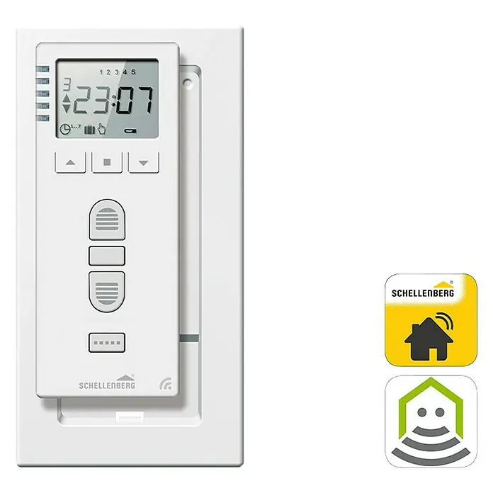 Schellenberg Temporizador inalámbrico Premium - Sistemas soportados: Sistema Smart Home Schellenberg, Apto para: 25 motores telecontrolados - Temporizador Schellenberg con pantalla y controles para el control de persianas enrollables en un sistema domótico.