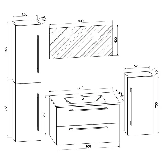 VCM Badinos Badmöbel-Set - 80 cm, Honig-Eiche, 5 -tlg. - Abbildung eines Badezimmermöbelsets mit Waschbeckenunterschrank, Spiegelschrank und zwei Hochschränken. Die Möbel sind in schlichtem Design gehalten.