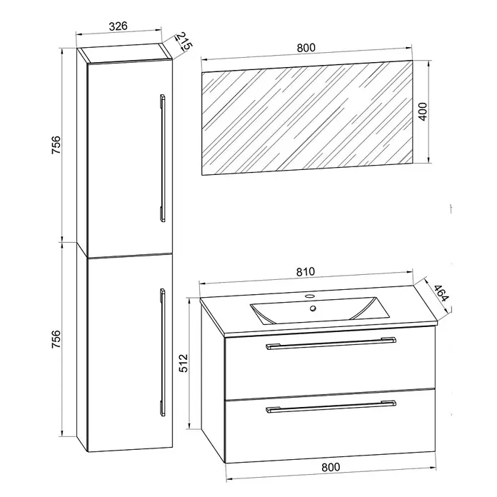 VCM Badinos Badmöbel-Set - 81 cm, Sonoma-Eiche, 4 -tlg. - Schemazeichnung eines Badezimmermöbel-Sets mit Waschtischunterschrank, Spiegelschrank und Hochschrank mit Maßen.