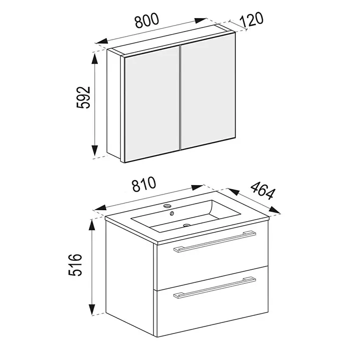 VCM Badinos Badmöbel-Set SPS - 80 cm, Sonoma-Eiche, 3 -tlg. - Abbildung einer Waschtischkombination mit Unterschrank und Spiegelschrank, Maße sind angegeben.