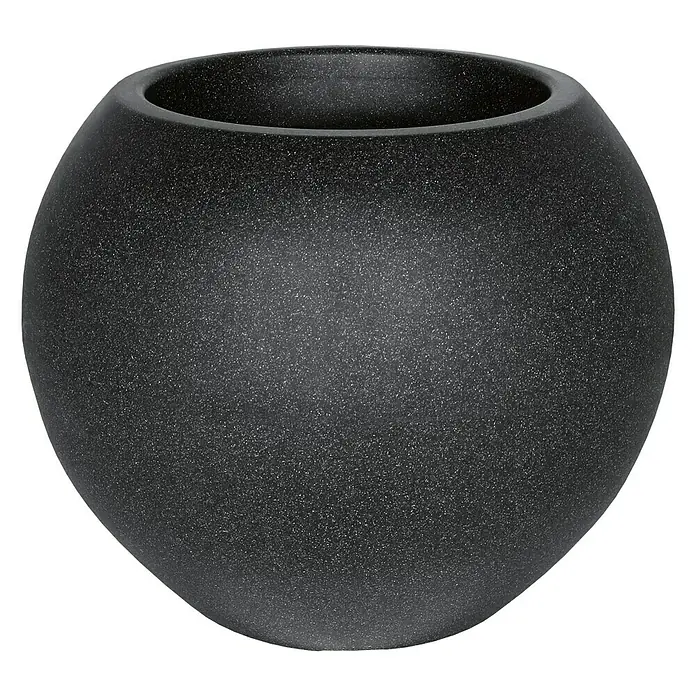 Geli Pflanztopf - Außenmaß (Ø x H): 40 x 34 cm, Kunststoff, Anthrazit - Eine Nahaufnahme einer runden, mattschwarzen Vase mit einer glatten Öffnung und einer körnigen Textur.