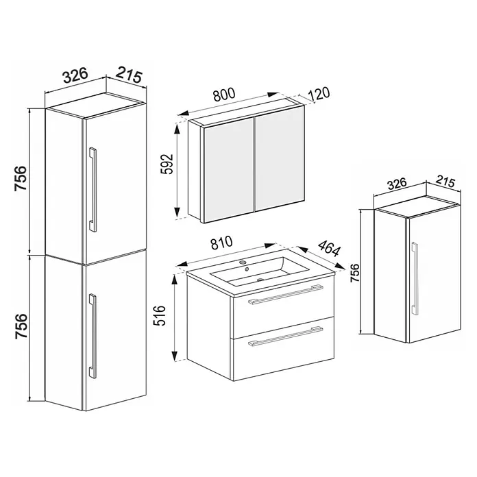 VCM Badinos Badmöbel-Set SPS - 146 cm, Weiß - Eine technische Zeichnung eines Badezimmermöbelsets mit Waschbeckenunterschrank, Spiegelschrank und zwei Hochschränken mit Maßen.