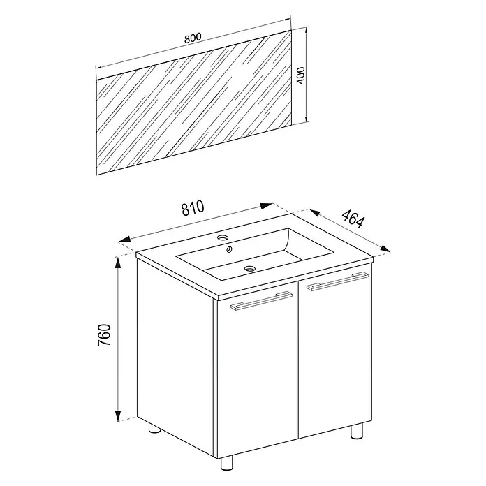 VCM Badinos Badmöbel-Set T2 - 80 cm, Weiß, 3 -tlg. - Produktbild eines Waschtischunterschranks mit Spiegel, Abmessungen sind angegeben.