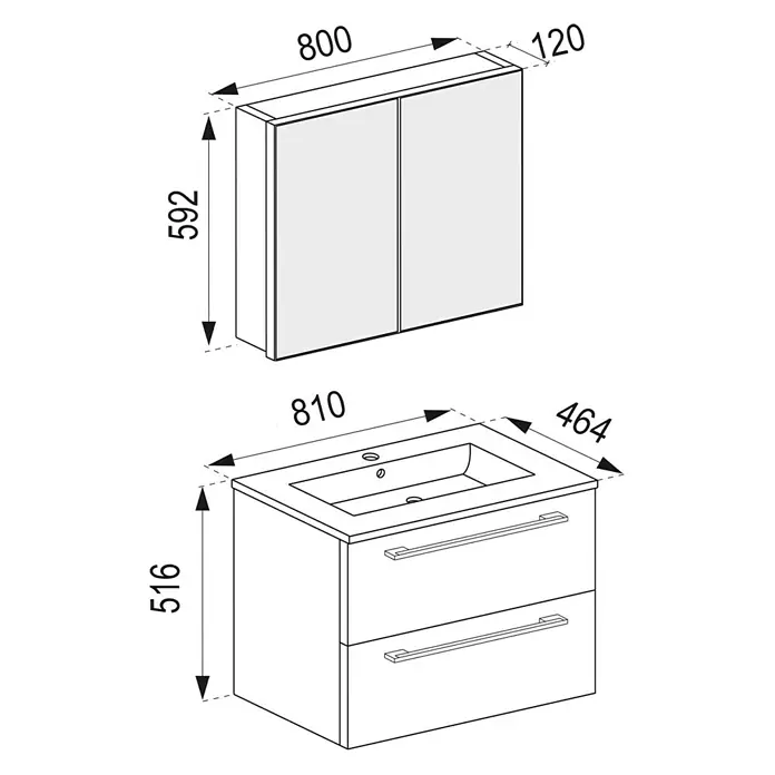 VCM Badinos Badmöbel-Set SPS - 81 cm, Schwarz - Eine schematische Darstellung eines Badezimmerschranks mit Waschbeckenunterschrank und einem Hängeschrank, jeweils mit Maßangaben.
