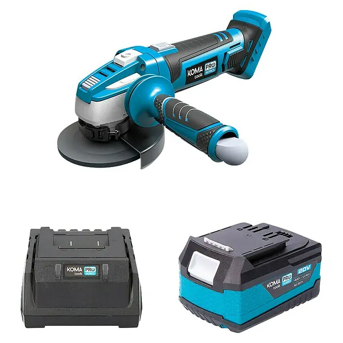 Koma Tools PRO Series Amoladora angular de batería - 1 batería, 4 Ah, Diámetro disco: 115 mm - KOMA PRO Tools Series: amoladora angular inalámbrica con batería y cargador para trabajos de rectificado en talleres.