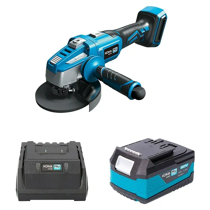 Koma Tools PRO Series Amoladora angular de batería - 1 batería, 4 Ah, Diámetro disco: 125 mm - Amoladora angular inalámbrica KOMA PRO con batería y cargador, ideal para profesionales y aficionados al bricolaje.