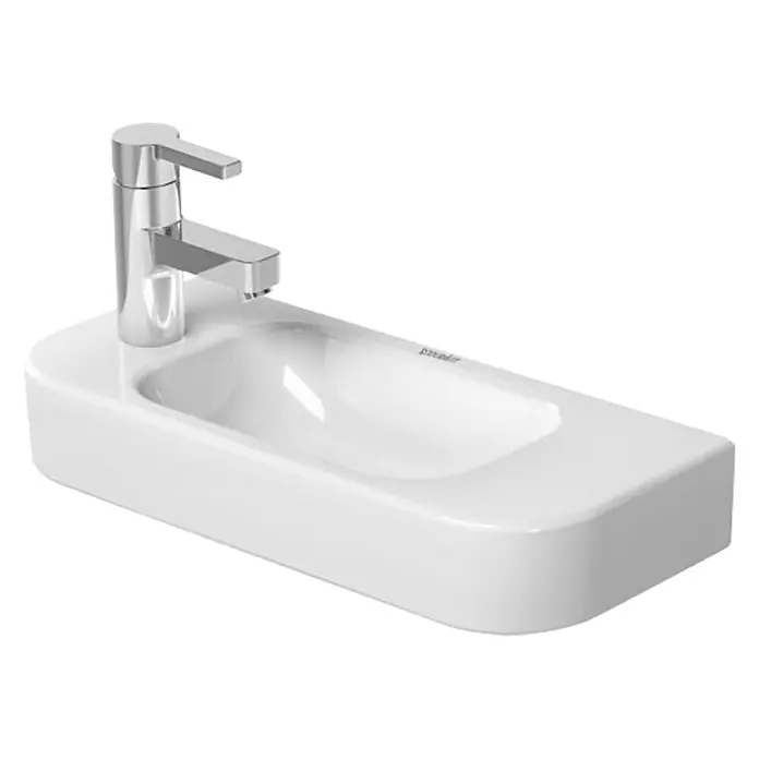 Duravit Happy D.2 Waschbecken - 50 x 22 cm, Ohne Spezialglasur, Hahnloch: Links, Ohne Überlauf, Weiß - Moderne Waschtisch-Armatur in Weiß mit elegantem Design für stilvolle Badezimmergestaltung.