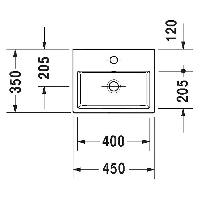Duravit Vero Air Waschbecken - 45 x 35 cm, Ohne Spezialglasur, Hahnloch: Mitte, Mit Überlauf, Weiß, Geschliffen - Technische Zeichnung eines Waschtisches mit Maßen. Das Waschbecken ist rechteckig und zeigt verschiedene Breiten- und Tiefenmaße.
