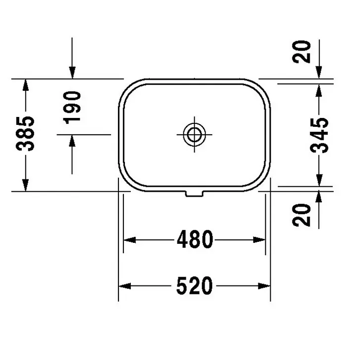 Duravit Happy D.2 Einbauwaschbecken - 52 x 38,5 cm, Ohne Spezialglasur, Hahnloch: Ohne, Mit Überlauf, Weiß - Technische Zeichnung eines rechteckigen Aufsatzwaschbeckens mit abgerundeten Ecken und Maßangaben.