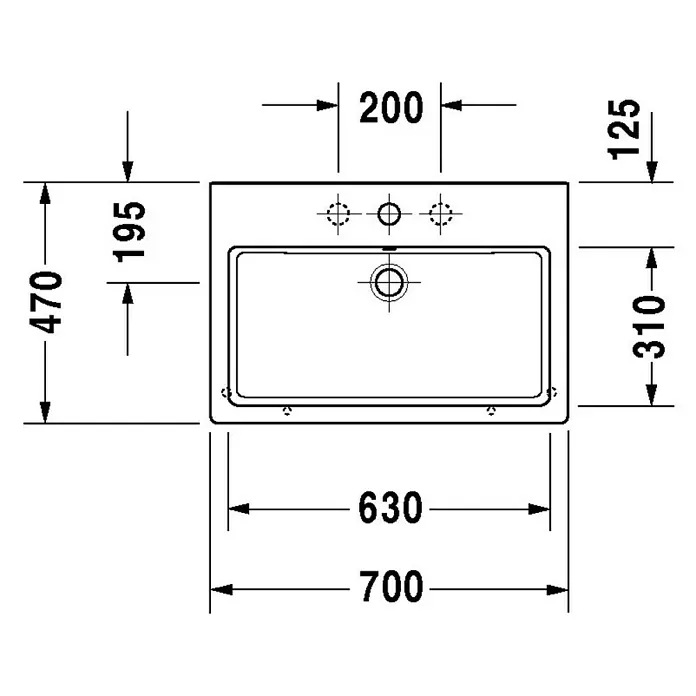 Duravit Vero Waschtisch - 70 x 47 cm, Ohne Spezialglasur, Hahnloch: Mitte, Mit Überlauf, Weiß, Geschliffen - Eine technische Zeichnung eines rechteckigen Waschtischs mit Bemaßungen für die Installation. Die Gesamtbreite beträgt 700 mm.