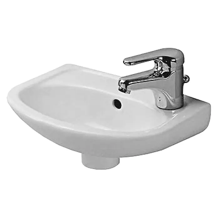 Duravit Duraplus Waschbecken Compact - 36,5 x 26,5 cm, Ohne Spezialglasur, Hahnloch: Links, Mit Überlauf, Weiß - Weiße Keramik Waschbecken mit einem glänzenden Chromwasserhahn. Ein modernes Badezimmer-Accessoire.