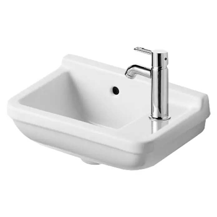 Duravit Starck 3 Waschbecken - 40 x 26 cm, Mit schmutzabweisender Glasur, Hahnloch: Rechts, Mit Überlauf, Weiß - Das Bild zeigt ein weißes, modernes Waschbecken mit einem eleganten, verchromten Wasserhahn. Das Waschbecken hat eine rechteckige Form.