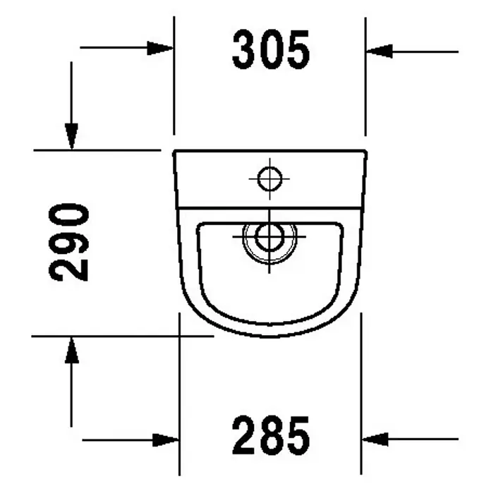 Duravit D-Code Urinal - Unbeschichtet, Zulauf: Oben, Farbe: Weiß, Ohne Zielobjekt, Ohne Urinaldeckel - Abbildung eines schematischen Waschbeckens mit Maßangaben für Sanitärinstallationen.