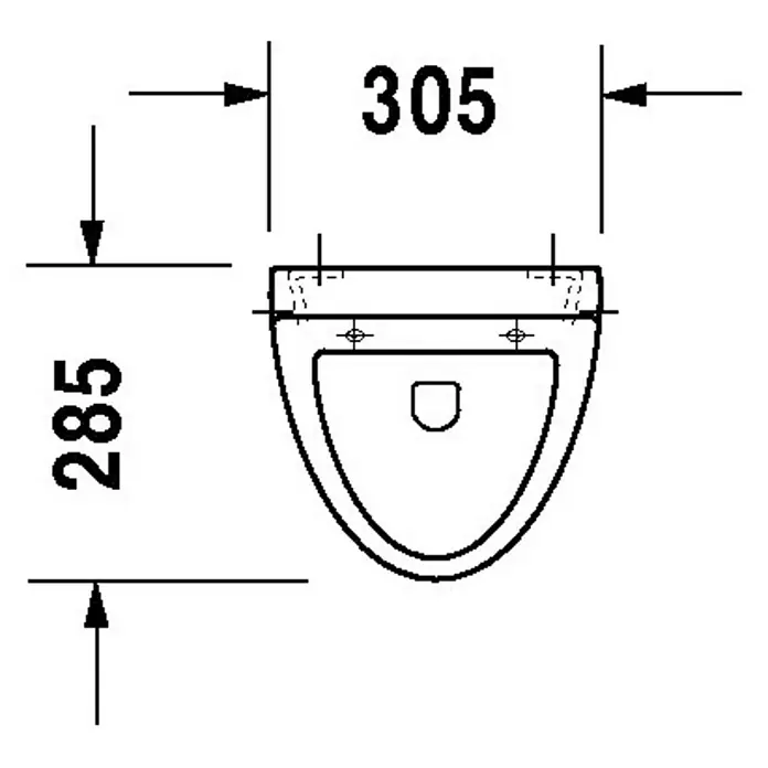 Duravit Urinal Fizz - Unbeschichtet, Zulauf: Hinten, Absaugspülung, Farbe: Weiß, Ohne Zielobjekt, Ohne Urinaldeckel, Geeignet für: Montage mit Deckel - Eine schematische Darstellung einer Toilette mit den Maßen 305 mm in der Breite und 285 mm in der Tiefe.