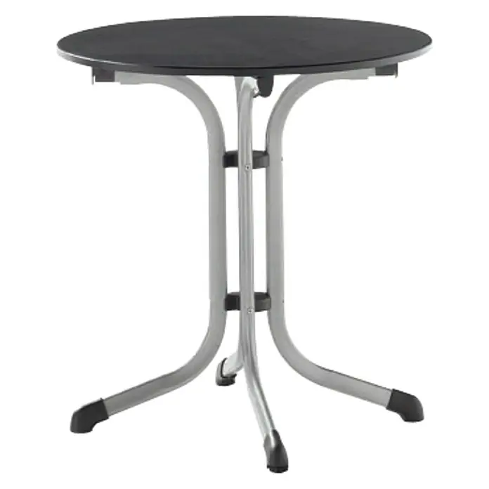 Sieger Boulevard Balkontisch rund - Ø x H: 68 x 72 cm, Stahl, Vivodur, Klappbar, Graphit/Anthrazit - Abbildung eines runden, klappbaren Bistrotisches mit schwarzer Tischplatte und silberfarbenem Gestell.