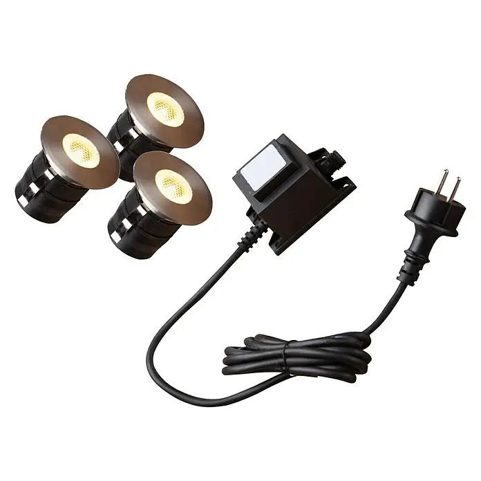 Heissner Bodeneinbauleuchten-Basis-Set Decklights - 3 Stk., Warmweiß - Erdspießstrahler-Set mit drei Leuchten, Transformator und Stecker für den Außenbereich.