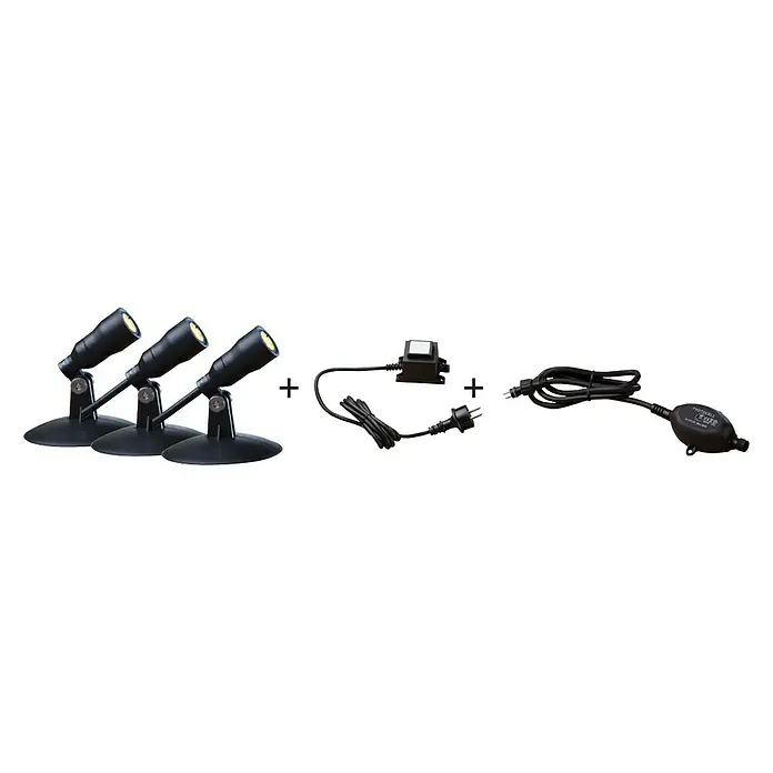 Heissner Starter-Set LED-Spots - 3 Stk., Warmweiß - Produktbild: Ein Set mit drei schwarzen Gartenstrahlern, Trafo und Lichtsensor für eine stimmungsvolle Außenbeleuchtung.