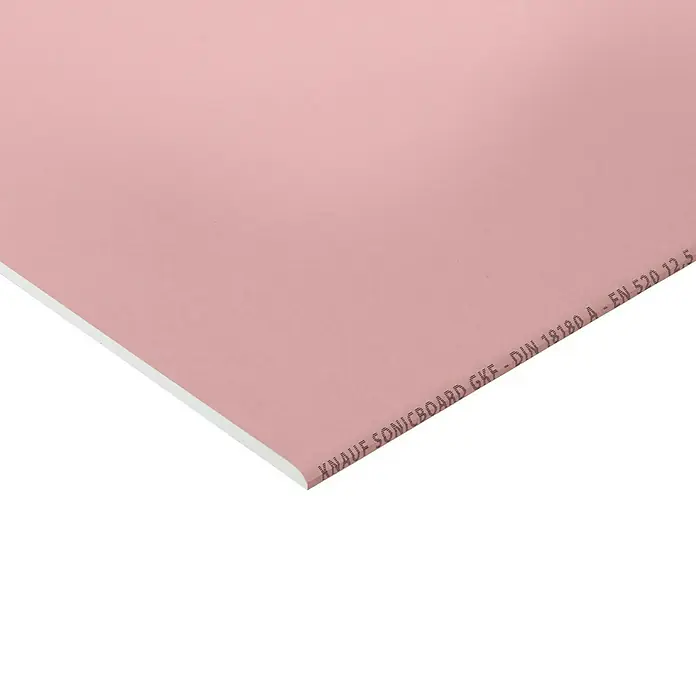Knauf Gipskartonplatte Sonicboard - 2.000 x 600 x 12,5 mm - Nahaufnahme einer rosa Knauf Sonicboard GKF-Platte, die für Schallschutz und Innenausbau verwendet wird.