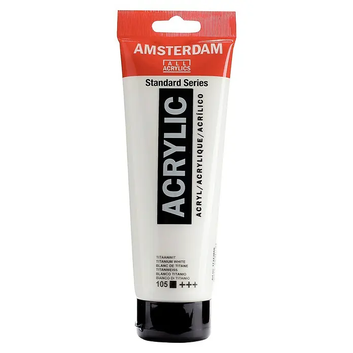 Talens Amsterdam Pintura acrílica Standard - Blanco titanio, 250 ml, Tubo, Brillante - Tubo de pintura acrílica Amsterdam Standard Series en blanco titanio, ideal para artistas y aficionados. Alto pigmento para resultados vibrantes.