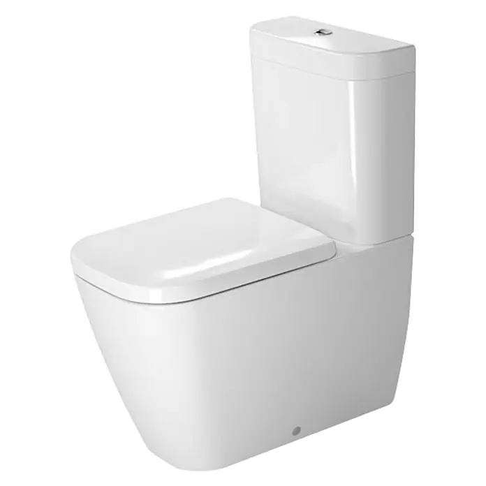 Duravit Happy D.2 Stand-WC für Kombination - Mit Spülrand, Ohne Spezialglasur, Spülform: Tief, WC Abgang: Waagerecht, Weiß - Ein modernes, weißes Stand-WC mit einem schlanken Design und einem glatten, geschlossenen Spülkasten, ideal für jedes Badezimmer.