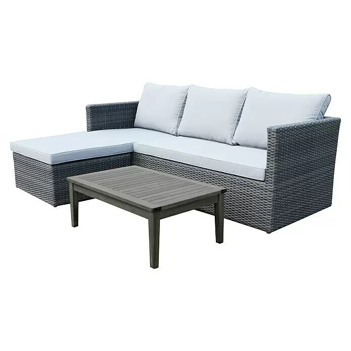 Sunfun Loungemöbel-Set Sandra - 3 -tlg., Polyrattan, Akazie, Aluminium, Hellgrau/Anthrazit - Graues Rattan-L-förmiges Outdoor-Sofa mit weißen Kissen und einem grauen rechteckigen Holztisch.