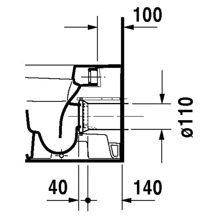 Duravit DuraStyle Stand-WC - Mit Spülrand, Ohne Spezialglasur, Spülform: Tief, WC Abgang: Waagerecht, Weiß - Eine schematische Darstellung einer Toilette mit den Maßen 100, 40 und 140 mm sowie einem Durchmesser von 110 mm zur Illustration der Größenverhältnisse.
